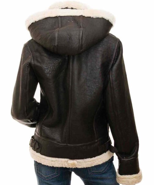 Women’s Shearling Buckle Collar Brown Leather Jacket with Hood - Image 2