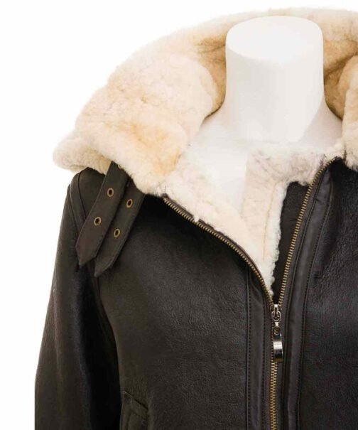 Women’s Shearling Buckle Collar Brown Leather Jacket with Hood - Image 3