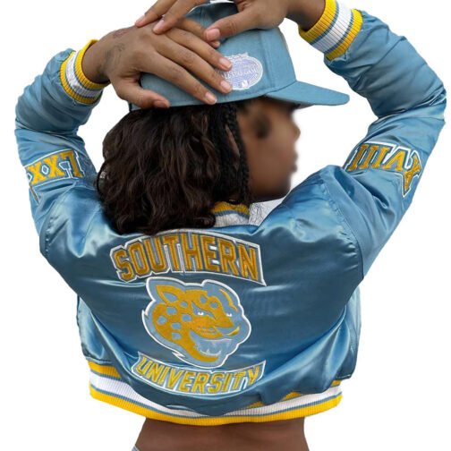 Women’s Cropped Southern University Bomber Satin Jacket - Image 4