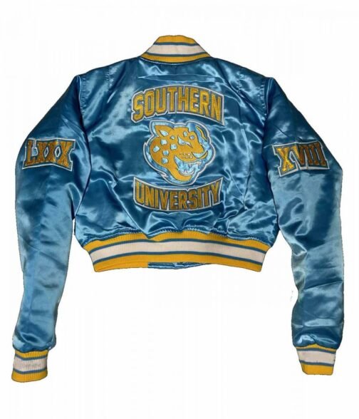 Women’s Cropped Southern University Bomber Satin Jacket - Image 2