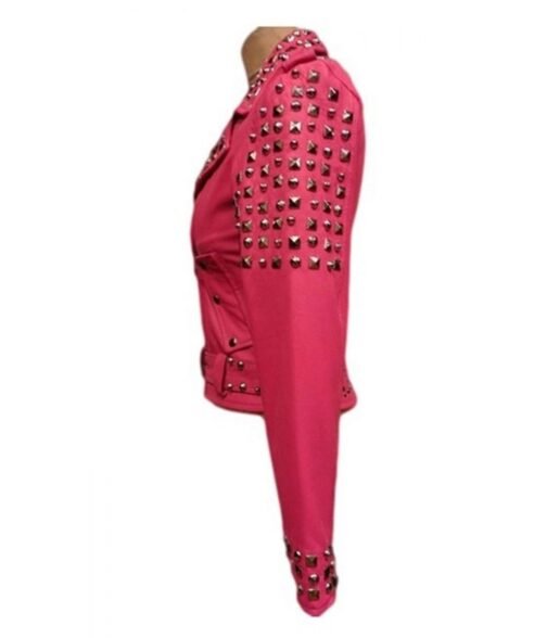 Women’s Biker Pink Silver Studded Leather Jacket - Image 3