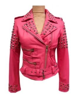 Women’s Biker Pink Silver Studded Leather Jacket