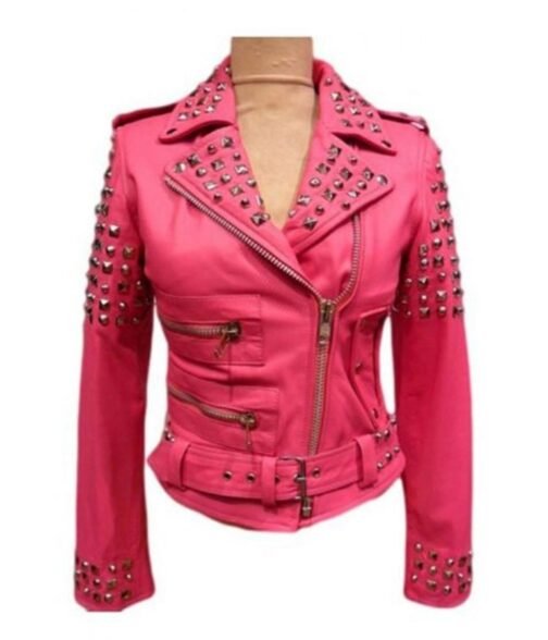 Women’s Biker Pink Silver Studded Leather Jacket