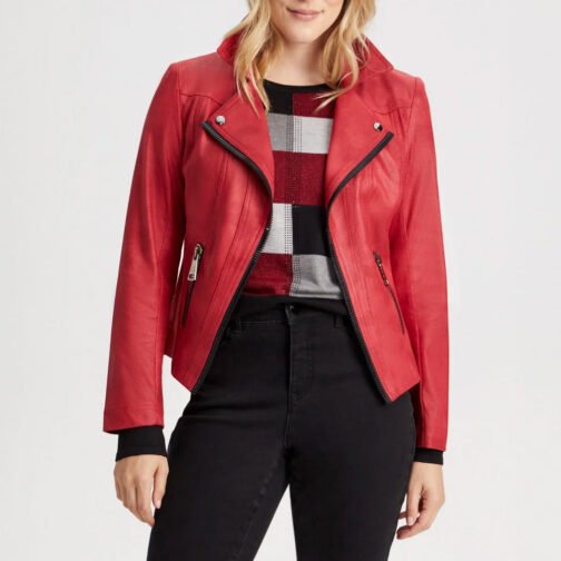 Women’s Vex Zipper Trim Red Leather Jacket - Image 2