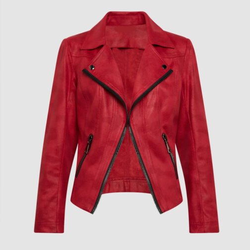 Women’s Vex Zipper Trim Red Leather Jacket - Image 4