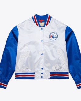 Women’s Philadelphia 76ers Cropped White and Blue Satin Jacket