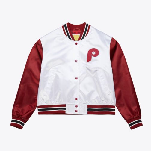 Women’s Philadelphia Phillies Cropped White and Red Satin Jacket
