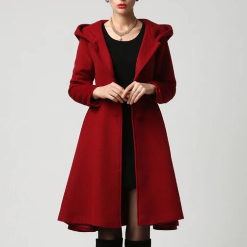 Women’s Red Wool Swing Coat with Hood - Image 4