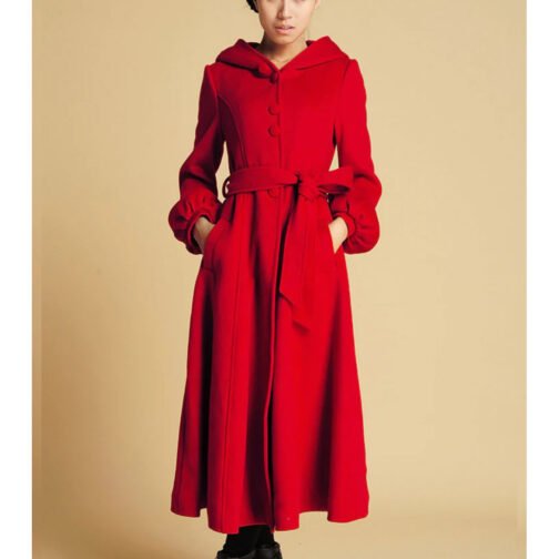 Women’s Red Swing Wool Coat with Big Hood - Image 6
