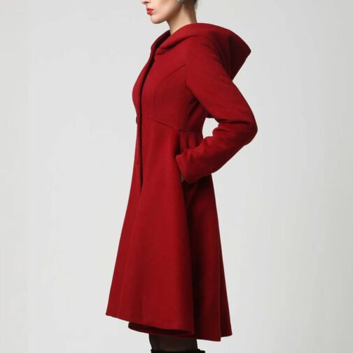Women’s Red Wool Swing Coat with Hood - Image 5
