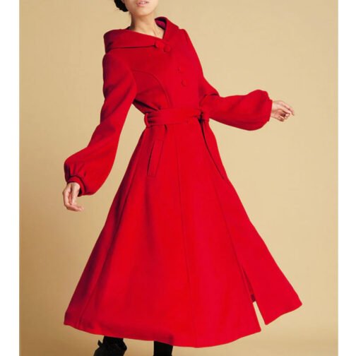 Women’s Red Swing Wool Coat with Big Hood - Image 3