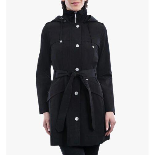 Women’s Zip Front Belted Hooded Coat - Image 2