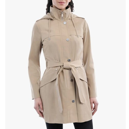 Women’s Zip Front Belted Hooded Coat - Image 3