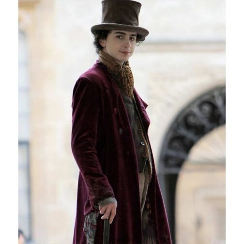 Timothée Chalamet Wonka Maroon Velvet Coat - Image 13
