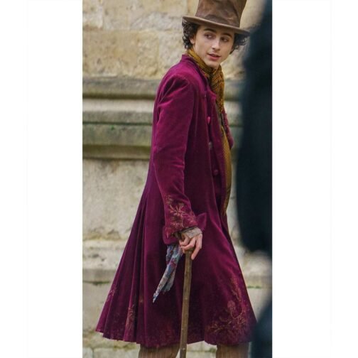 Timothée Chalamet Wonka Maroon Velvet Coat - Image 8