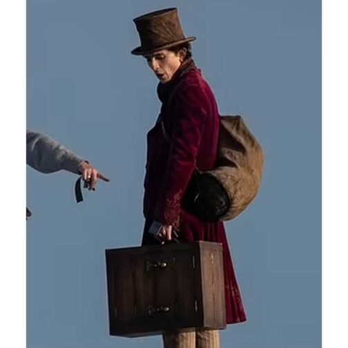 Timothée Chalamet Wonka Maroon Velvet Coat - Image 15