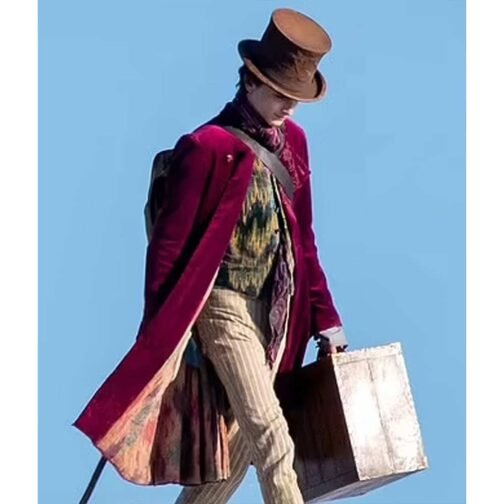 Timothée Chalamet Wonka Maroon Velvet Coat - Image 17