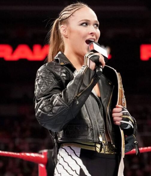 Ronda Rousey Cropped Motorcycle Quilted Leather Jacket - Image 6
