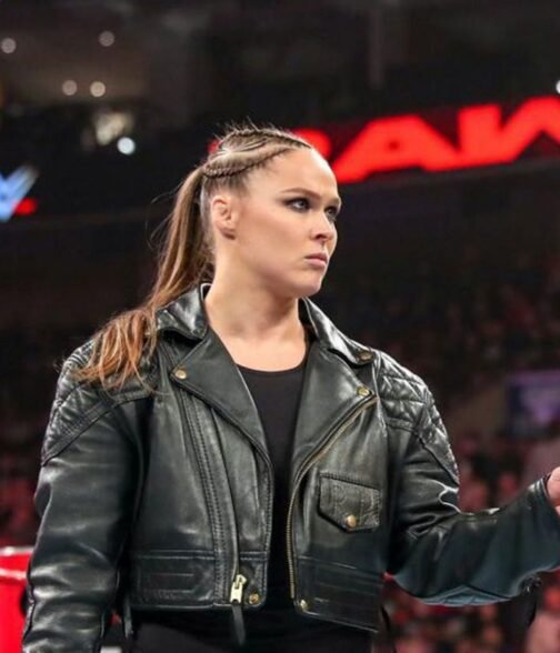 Ronda Rousey Cropped Motorcycle Quilted Leather Jacket - Image 4