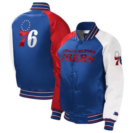 Royal Philadelphia 76ers Youth Raglan Varsity Satin Jacket - Image 3