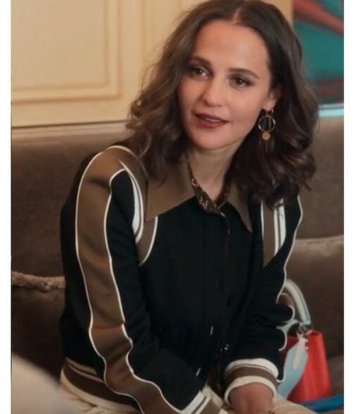 Alicia Vikander Irma Vep Mira Varsity Wool Black and Brown Jacket - Image 8