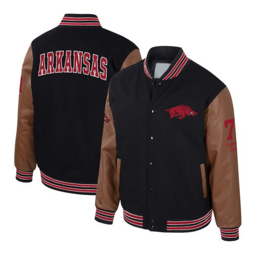 Arkansas Razorbacks Black and Brown Letterman Jacket - Image 3