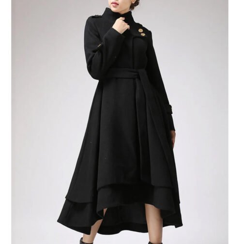 Women’s Asymmetrical Hem Black Swing Wool Coat - Image 5