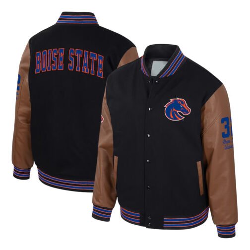 Boise State Broncos Black and Brown Letterman Jacket - Image 2