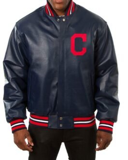 Cleveland Indians Letterman Navy Blue Leather Jacket