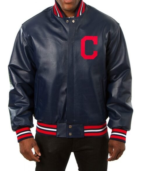 Cleveland Indians Letterman Navy Blue Leather Jacket