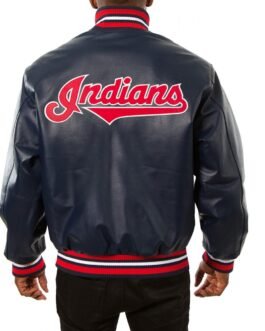 Cleveland Indians Letterman Navy Blue Leather Jacket