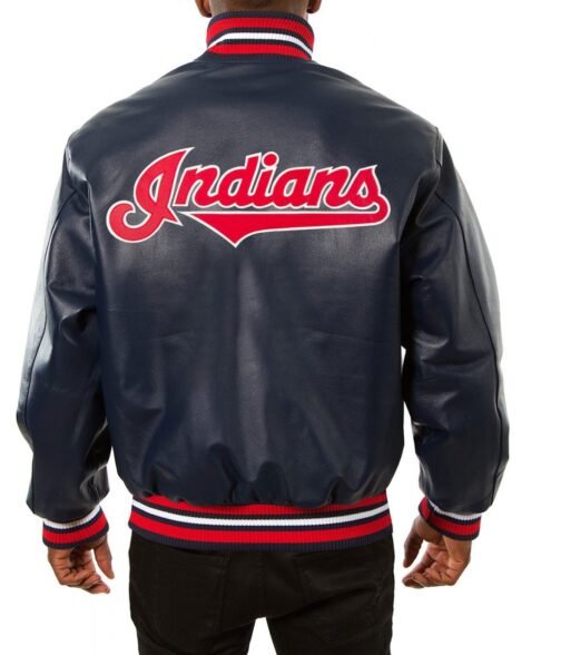 Cleveland Indians Letterman Navy Blue Leather Jacket - Image 2