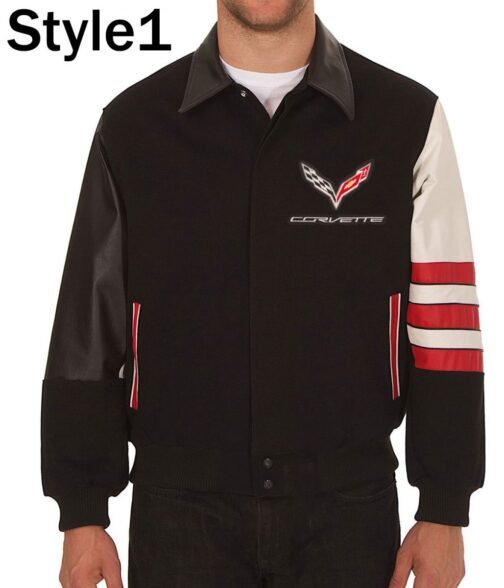 Corvette Embroidered Black Varsity Wool & Leather Jacket