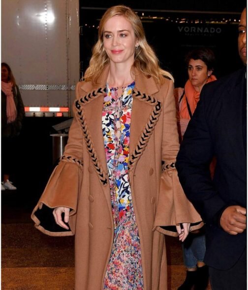 Emily Blunt Braided Wool Brown Coat - Image 3