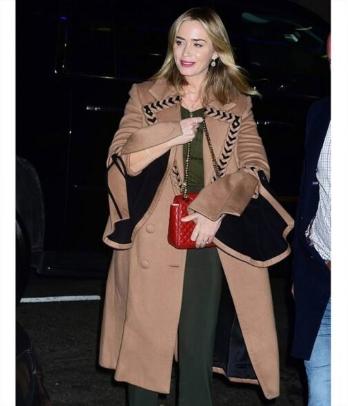 Emily Blunt Braided Wool Brown Coat - Image 5