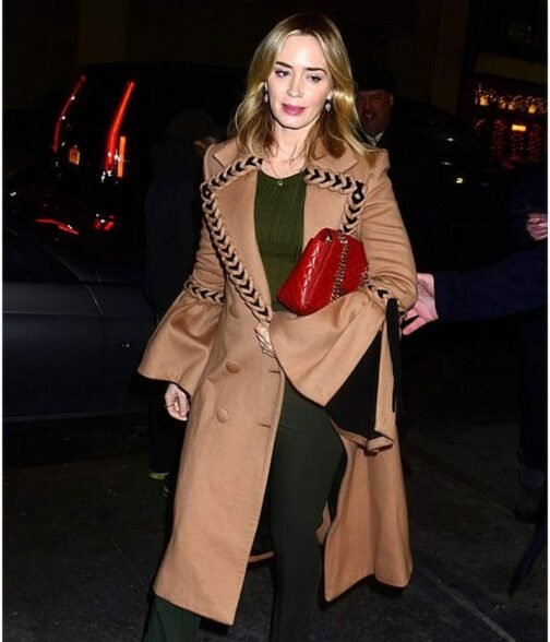 Emily Blunt Braided Wool Brown Coat - Image 7