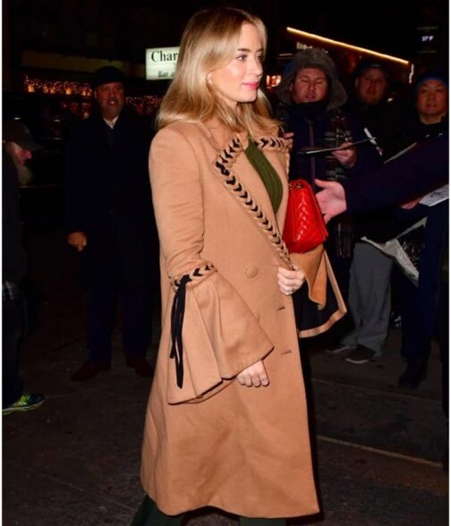 Emily Blunt Braided Wool Brown Coat - Image 8