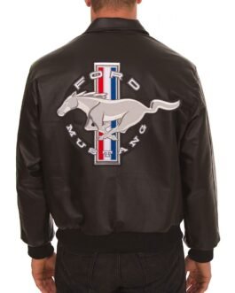Embroidered Ford Mustang Bomber Black Leather Jacket