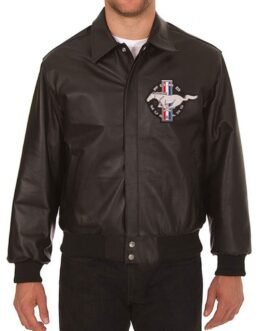 Embroidered Ford Mustang Bomber Black Leather Jacket