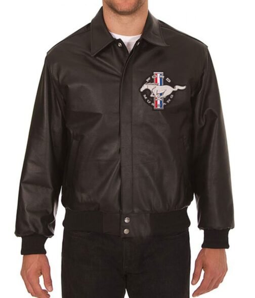 Embroidered Ford Mustang Bomber Black Leather Jacket