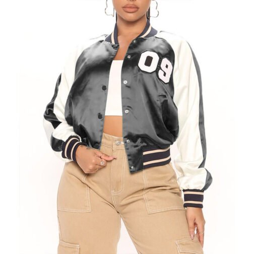 Women’s Fuchsia and White Varsity Satin Jacket - Image 13