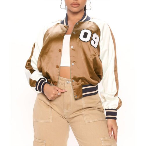 Women’s Fuchsia and White Varsity Satin Jacket - Image 12