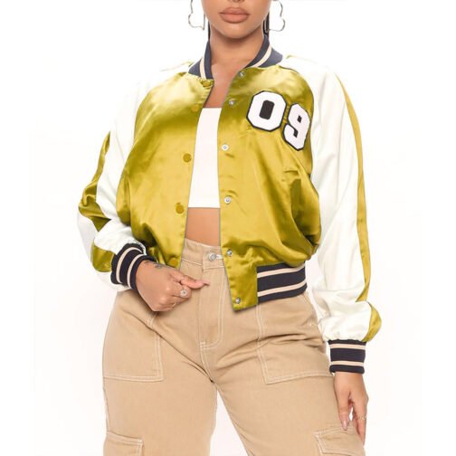 Women’s Fuchsia and White Varsity Satin Jacket - Image 4