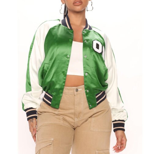Women’s Fuchsia and White Varsity Satin Jacket - Image 15