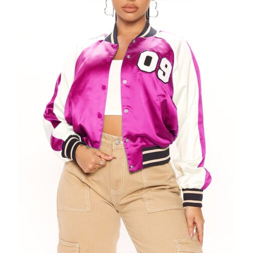 Women’s Fuchsia and White Varsity Satin Jacket - Image 3