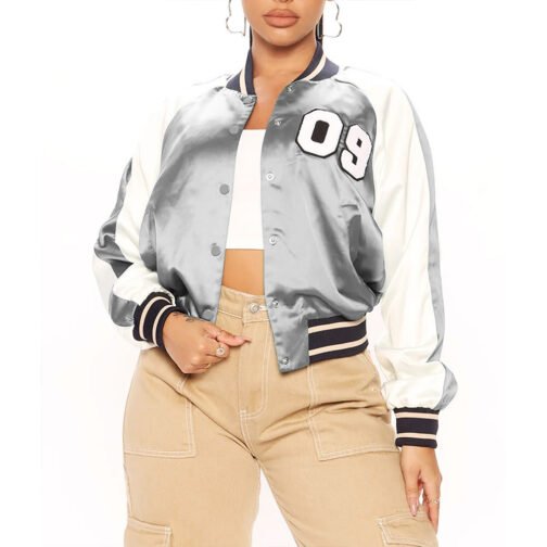 Women’s Fuchsia and White Varsity Satin Jacket - Image 11