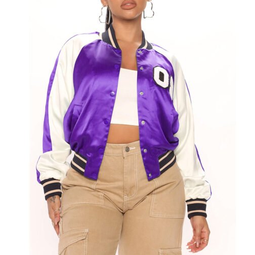 Women’s Fuchsia and White Varsity Satin Jacket - Image 7