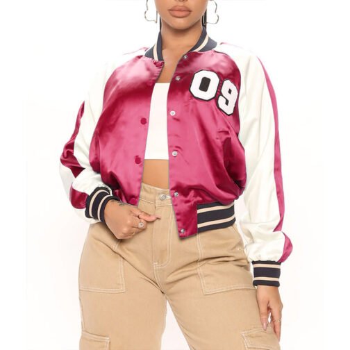 Women’s Fuchsia and White Varsity Satin Jacket - Image 8