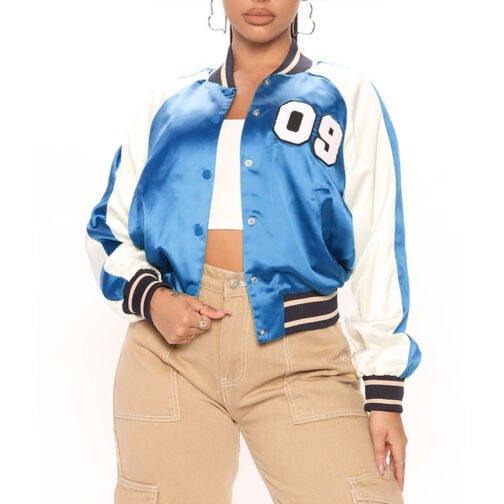 Women’s Fuchsia and White Varsity Satin Jacket - Image 6