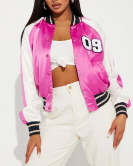Women’s Fuchsia and White Varsity Satin Jacket